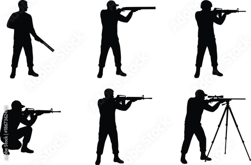 Rifle shooter silhouettes in various aiming and standing positions, illustrating hunting, sport shooting, military training, precision skills, safety awareness, and tactical firearm concept