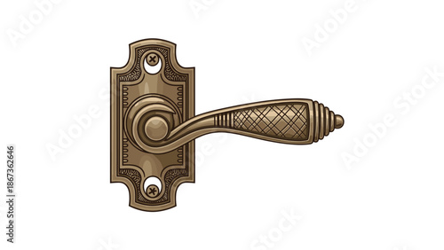 An ornate antique brass doorknob with a lever handle is shown against a white background, representing vintage hardware and interior design.