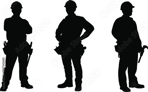 Professional construction worker silhouette set, male builders in hard hats for industrial and repair service design
