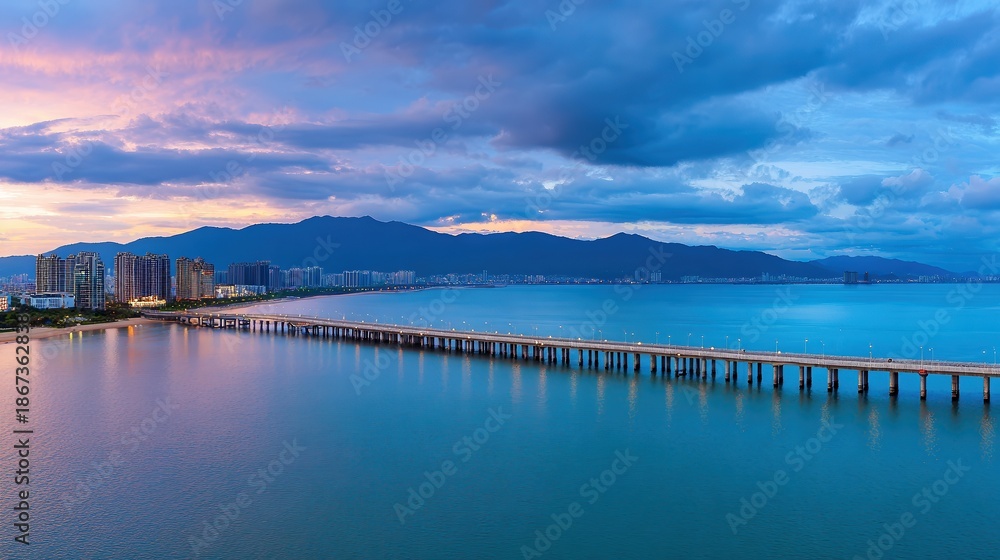 Fototapeta premium A stunning panoramic view of a coastal city at dusk, showcasing a long pier extending into calm waters, surrounded by modern buildings and mountainous horizons