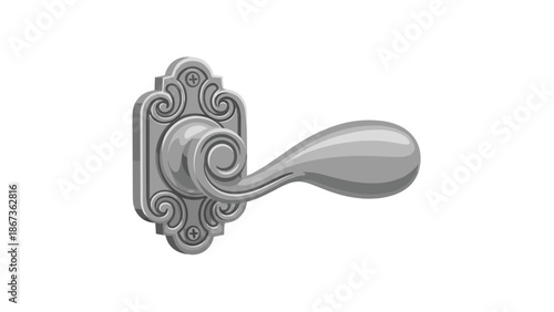 A sleek silver doorknob with an ornate backing plate and a curved lever handle represents modern or classic hardware and interior design.