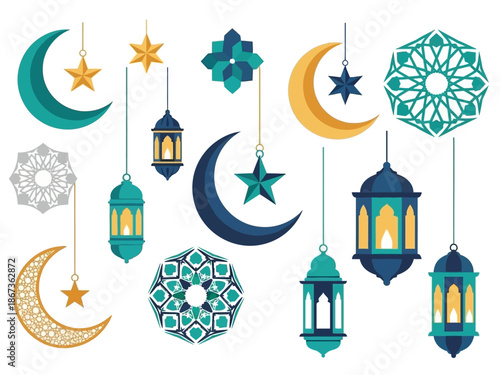 Eid celebrations with lanterns, crescent moons, and stars hanging in a festive arrangement