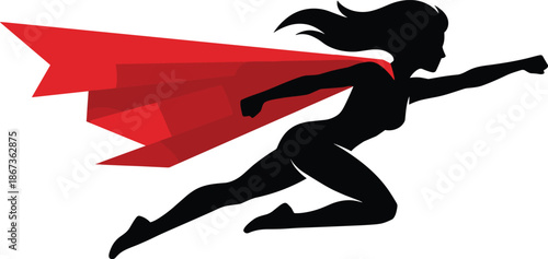 Silhouette of powerful superhero woman flying forward with red cape, symbolizing strength, leadership, feminism, courage, speed, and modern comic hero concept
