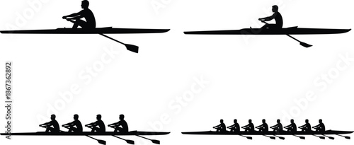 Rowing athletes silhouettes in single, double, quad, and team boats, illustrating teamwork, endurance, water sport training, competitive racing, and synchronized rowing movement concept