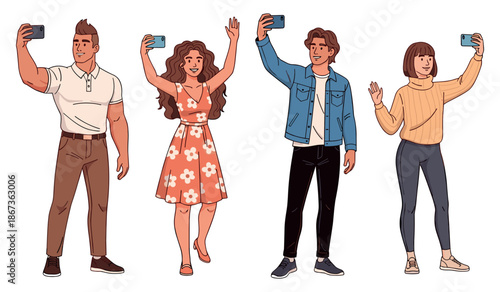 Diverse young adults taking selfies: two males, two females, varied styles and expressions