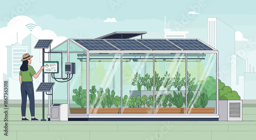 Sustainable urban farming: automated greenhouse with solar panels and crop management controlled