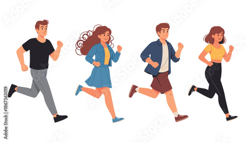 Cartoon characters running: young caucasian adults in casual attire