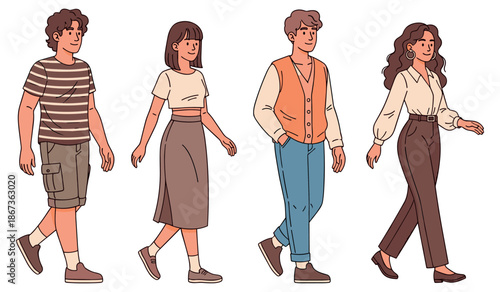 Group of diverse young adults walking in casual clothing