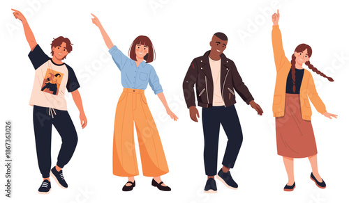 Diverse group of young adults dancing cheerfully with energetic expressions