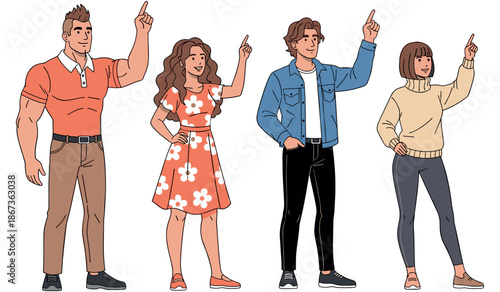 Diverse group of young adults pointing upward in casual clothing