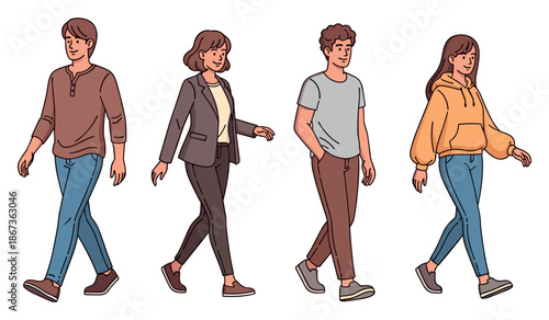 Diverse young adults walking: casual apparel and styles