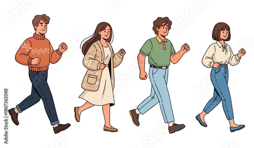Diverse young adults walking forward in casual attire