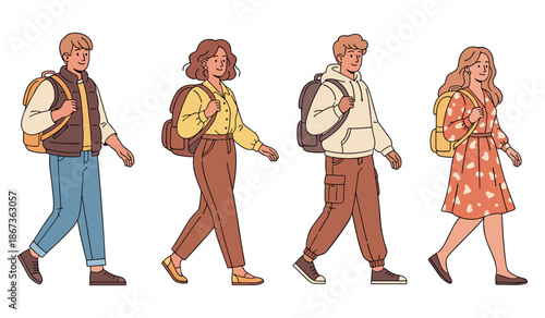 Diverse young adults walking with backpacks stylish fashion casual outfits
