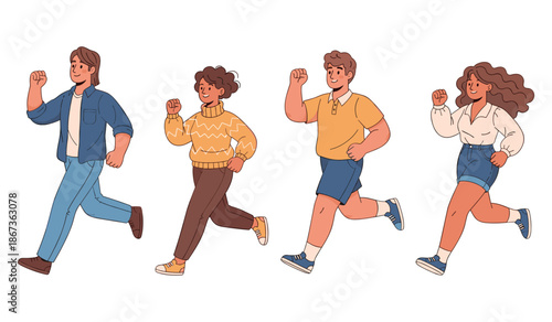 Diverse group of young adults jogging energetically together