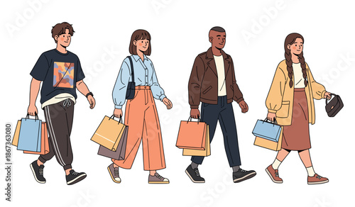 Diverse young adults shopping with bags in casual clothing