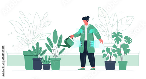 Technological gardener waters plants in a futuristic setting demonstrating advanced eco-friendly