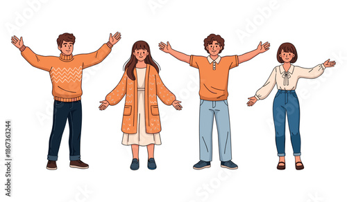 Cartoon group with open arms: two caucasian males and two caucasian females