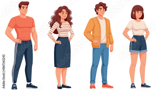 Illustration of young caucasian and hispanic adults in casual outfits