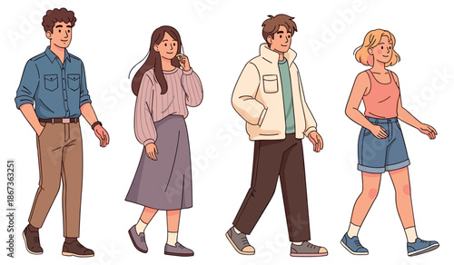 Group of diverse young adults walking - casual outfits and styles