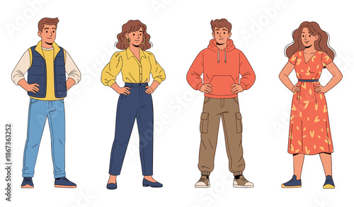 Group of young adults: diverse fashion styles with casual and trendy outfits