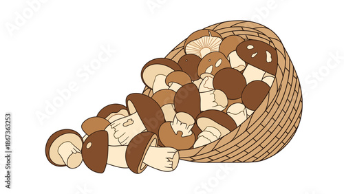 A wicker basket spills with a variety of fresh mushrooms, signifying a rich harvest, natural abundance, and the joy of foraging.