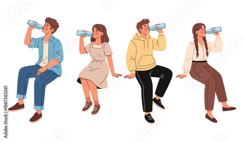 Young adults drinking water: diverse group hydrating in casual attire
