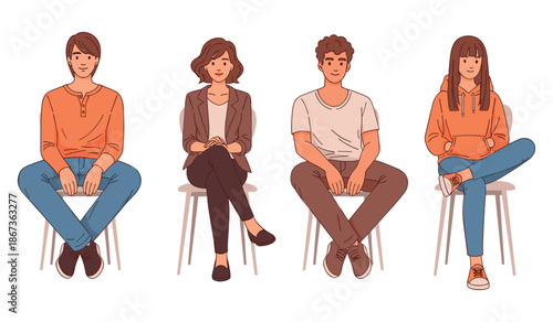 Diverse group of young adults sitting on chairs in casual attire