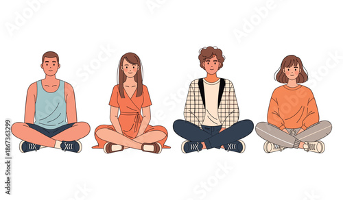 Diverse group of young adults sitting cross-legged in casual attire