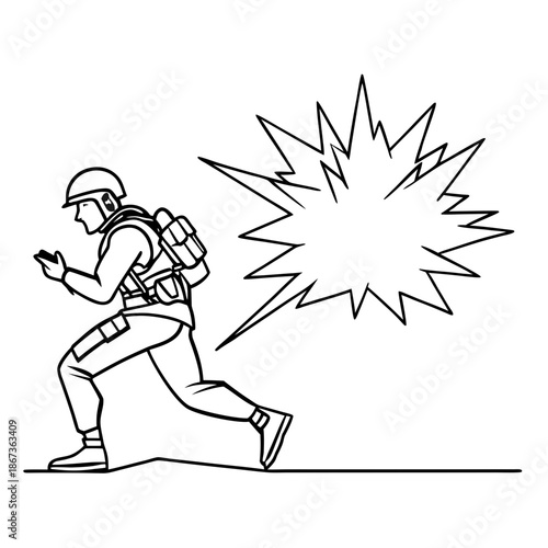 A military man in full gear runs from a schematic explosion, on a clear white background, a satirical contour drawing