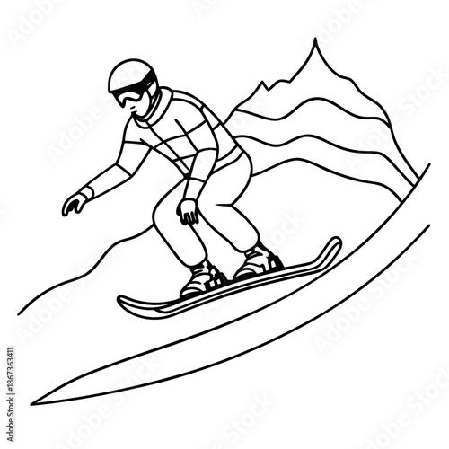 A snowboarder in protective gear, swift and focused, performs a descent down a steep slope, against the background of a schematic mountain landscape, minimalistic line art for coloring