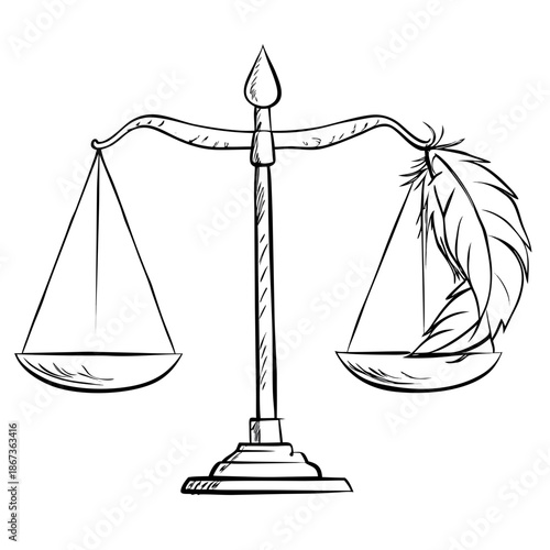 Symbol of justice: scales with a feather, black and white drawing for legal or philosophical topics, tattoo sketch or logo