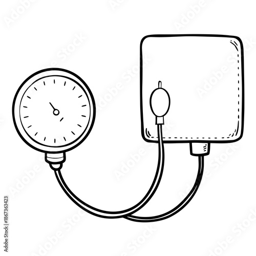 Blood pressure measurement, black-and-white medical sketch, symbol of health and prevention, illustration for articles about medicine or advertisements for medical equipment