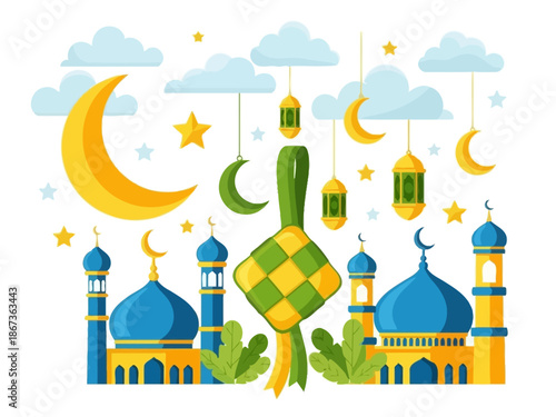 Celebration of Ramadan with Mosques and Lanterns under Crescent Moon and Stars