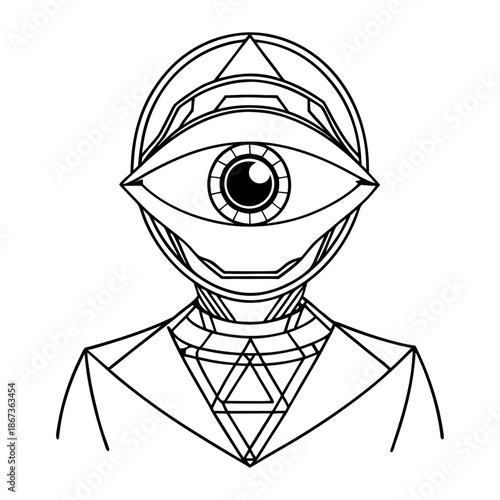 A mysterious cyborg with an all-seeing eye in a geometric charm, monochrome cyberpunk graphics, a symbol of the technological future or art for IT events