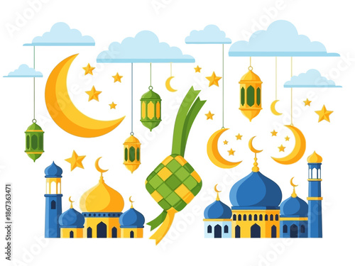 Celebration of Eid al-Fitr with Mosques and Ramadan Lanterns under the Night Sky