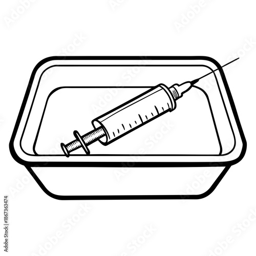 Black and white image of a syringe in a plastic container, symbol of vaccination and medicine, minimalistic style, vector graphics for medical articles and posters