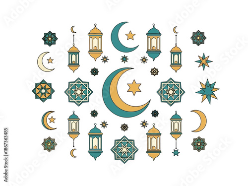 A collection of Islamic symbols and lanterns arranged in a decorative pattern on a white background