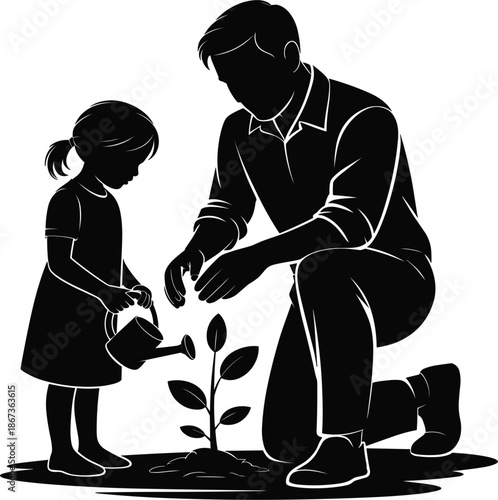 Father and daughter gardening together vector illustration, family planting a seedling silhouette for home garden design