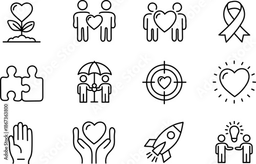 Modern thin line charity and community support icons set featuring donation, volunteering, love, awareness ribbon, teamwork and humanitarian aid symbols for web, mobile apps, UI interfaces design