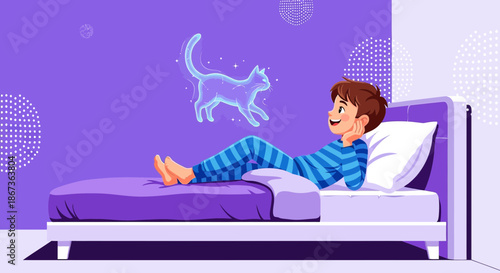 Whimsical dreamscape of a young boy in striped pajamas contemplating a spectral cat