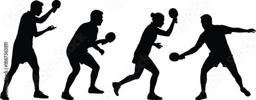 Table tennis players silhouettes in dynamic action poses, illustrating speed, focus, competition, athletic movement, professional sport training, and modern ping pong concept