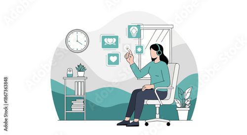 Woman interacting with virtual interface at home for technology and communication