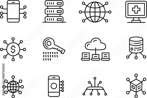 Hand Drawn Technology Network Icons Set Cloud Server Data Security