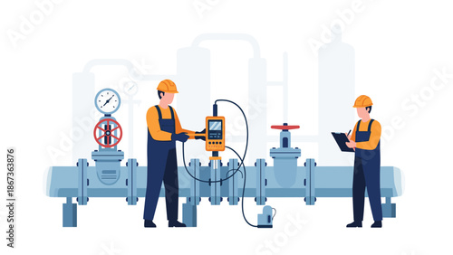 Two technicians in work uniforms checking an industrial pipeline with gauges and diagnostic equipment.