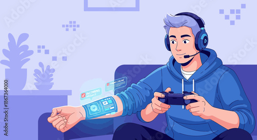 Young man using futuristic arm display for gaming and communication while wearing headset