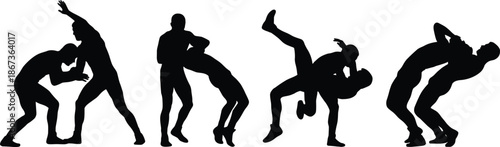 Wrestling and martial arts fight silhouettes in dynamic combat poses, illustrating strength, technique, self defense training, sports competition, and intense action movement concept