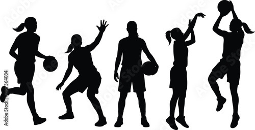 Women basketball player silhouette action set showing dribbling, defense and shooting poses, black female athletic sport figures isolated on white background for fitness and game design