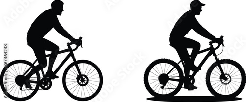 Cyclist riding bicycle silhouette vector set, male bike riders in motion for outdoor fitness and transportation