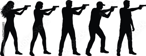 Armed people silhouettes aiming handguns in tactical stances, illustrating security, defense, law enforcement training, danger awareness, action, and realistic shooting posture concept