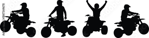 ATV quad bike rider silhouette action set, off road motorbike poses with helmeted drivers isolated on white background for adventure and motorsport design